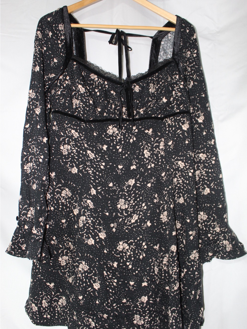 Free People Black Dress with Floral Print and Lace Trim fairy cottage